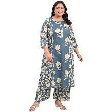 Tissu Women's Plus Size Cotton Satin Grey Floral Printed Kurta with Palazzo