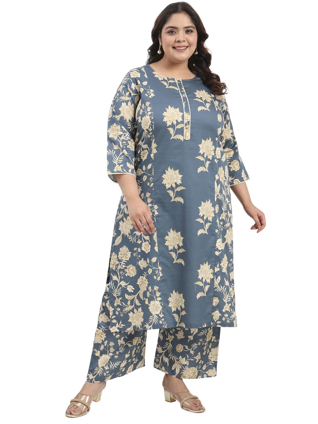 Women's Plus Size Cotton Satin Pink Floral Printed Kurta with Palazzo