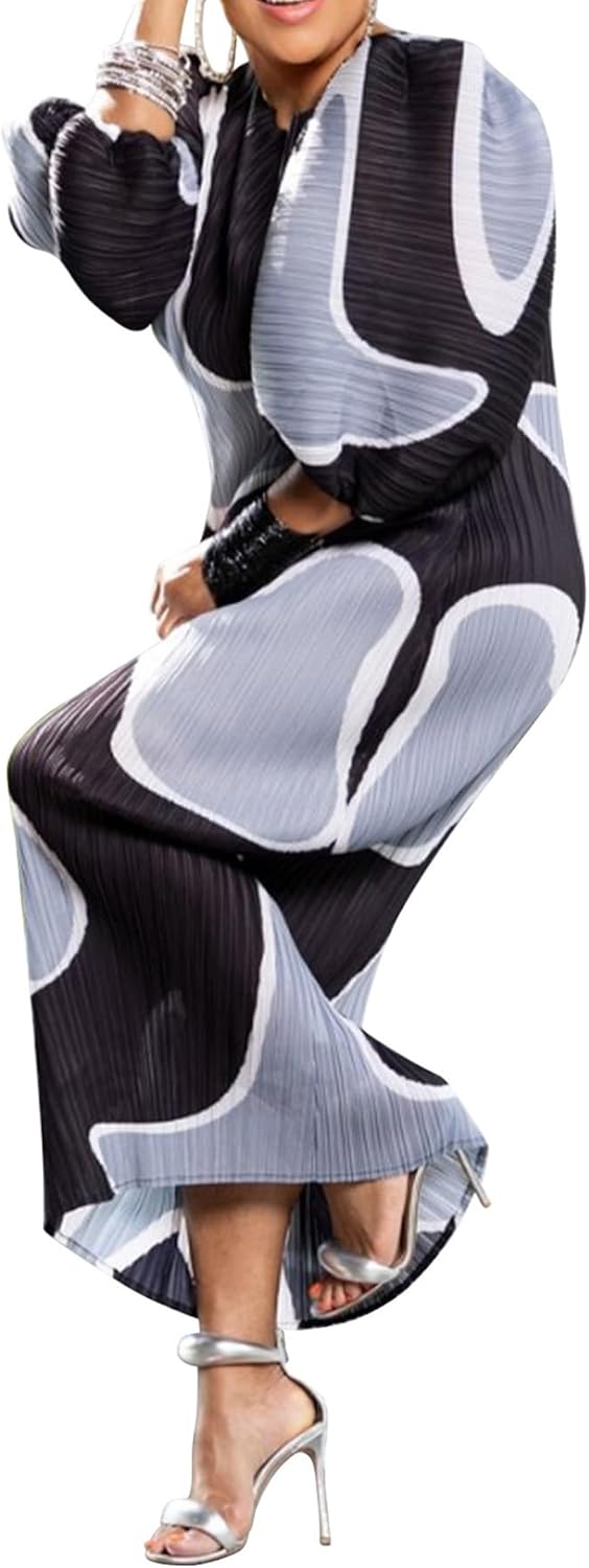 Colorful African dress for women with floral print and pleats