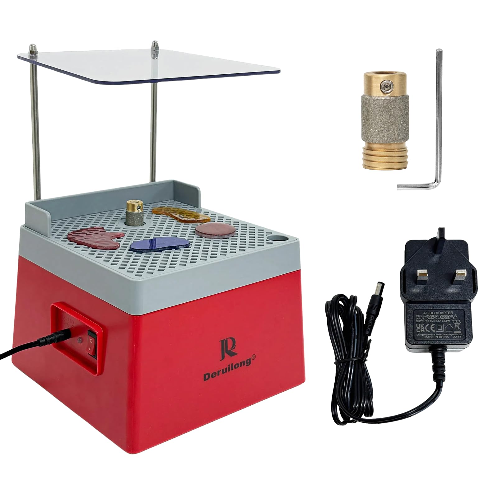 Deruilong Stained Glass Grinder with UK Plug, 4200RPM Motor & 5/8" Diamond Grinding Bit, Mini Portable with Acrylic Splash Guard for Glass Art, Edge Shaping, Mosaic, DIY
