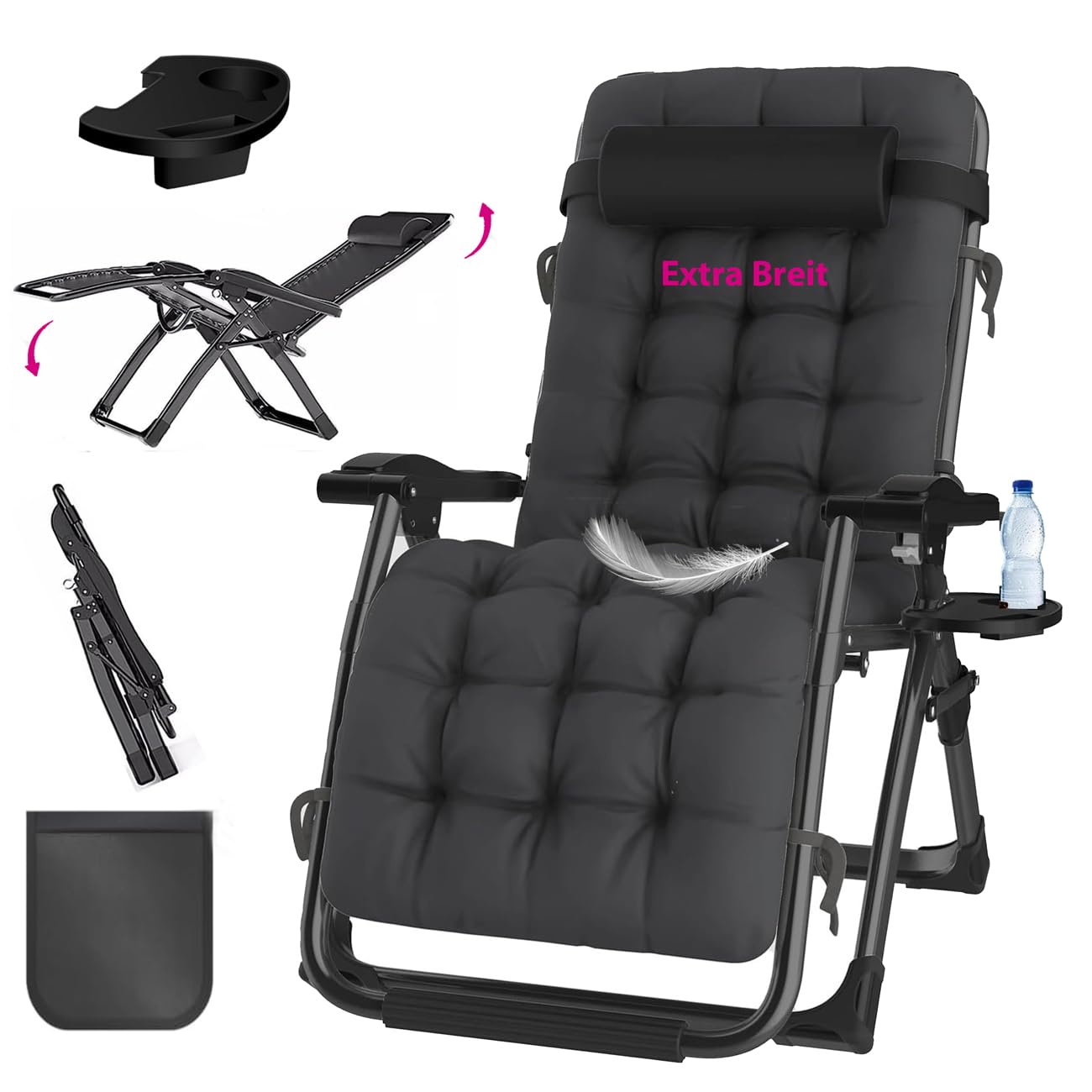 Tumbona Plegable Extraancha Resistente a la Intemperie Soporta hasta 200 Kg Tumbona De JardíN De Aluminio para Patio JardíN Playa Y Piscina, Tumbona de Gravedad Cero (Negro, 72 cm)