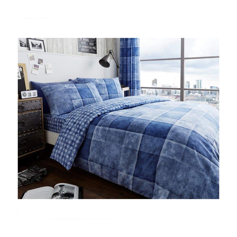 De Lavish Duvet Cover Set Double Size Bed with Pillowcases Quilt Printed Reversible Poly Cotton, Denim Check Blue