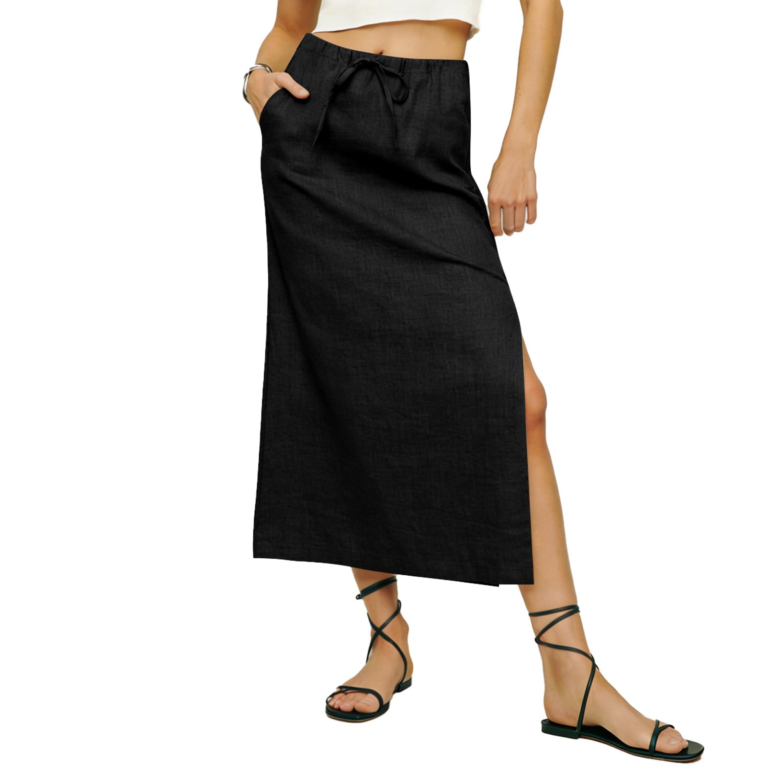 Linen Skirts for Women Summer Flared A Line Midi Skirt Side Slit Ankle Length Linen Skirt with Pockets