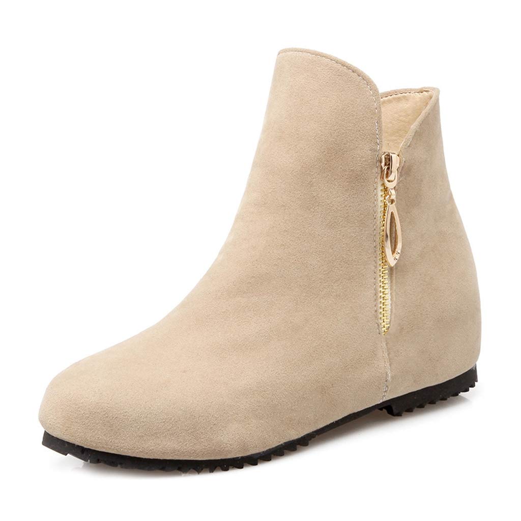 MIOKE Womens Round Toe Falt Dressy Ankle Boots Suede Zipper Hidden Low Wedge Heel Walking Short Booties