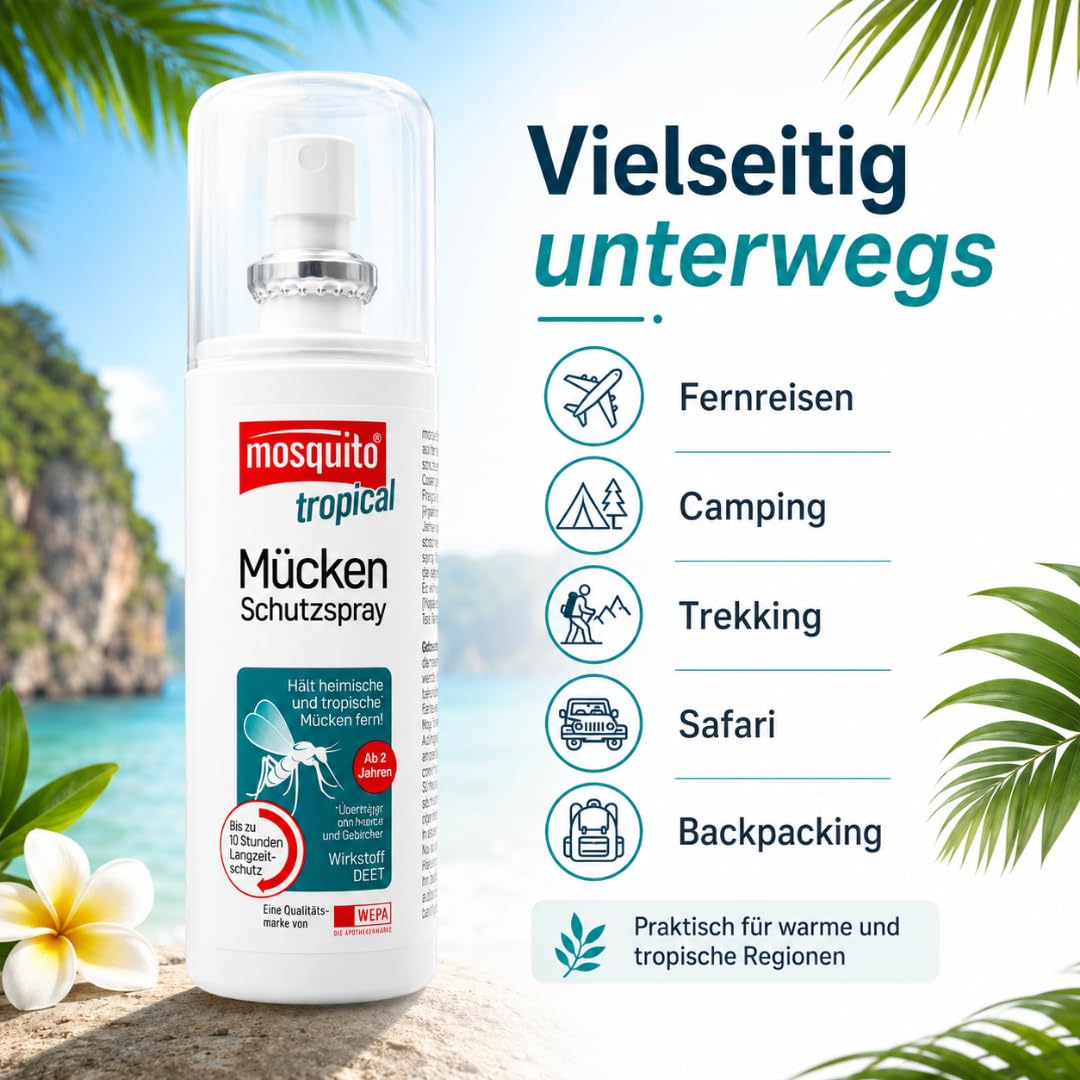 Mosquito tropical Mücken-Schutzspray 100 ml I Insektenschutz mit 50% DEET I für Reise & Outdoor I bis zu 10 h Schutz I für tropische & subtropische Regionen I mit Pharma Perle Duschgel (3, 100ml)
