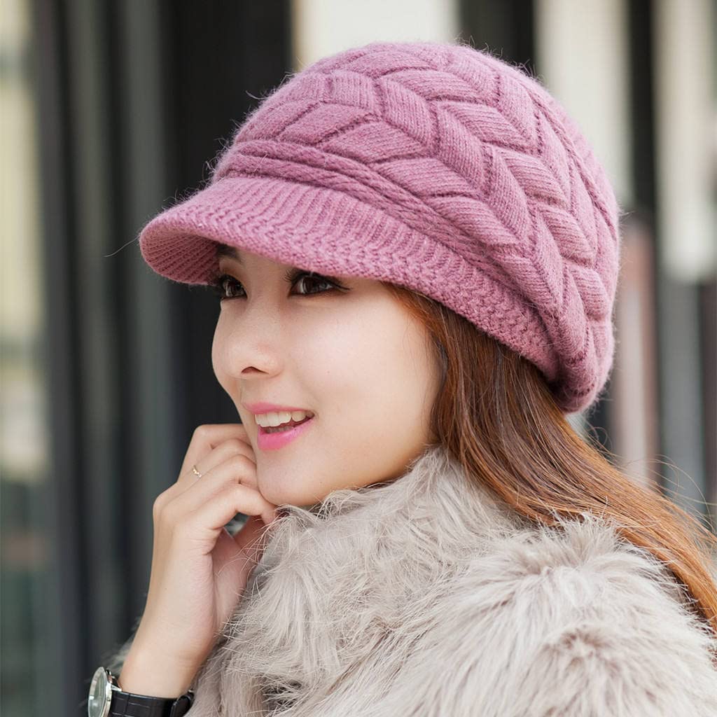 Roll Up Women's Girls Cute Fall Winter Cozy Fur Earflap Knitted Wool Ski Cap Beret Newsboy Beanie Hat Visor (Purple1)