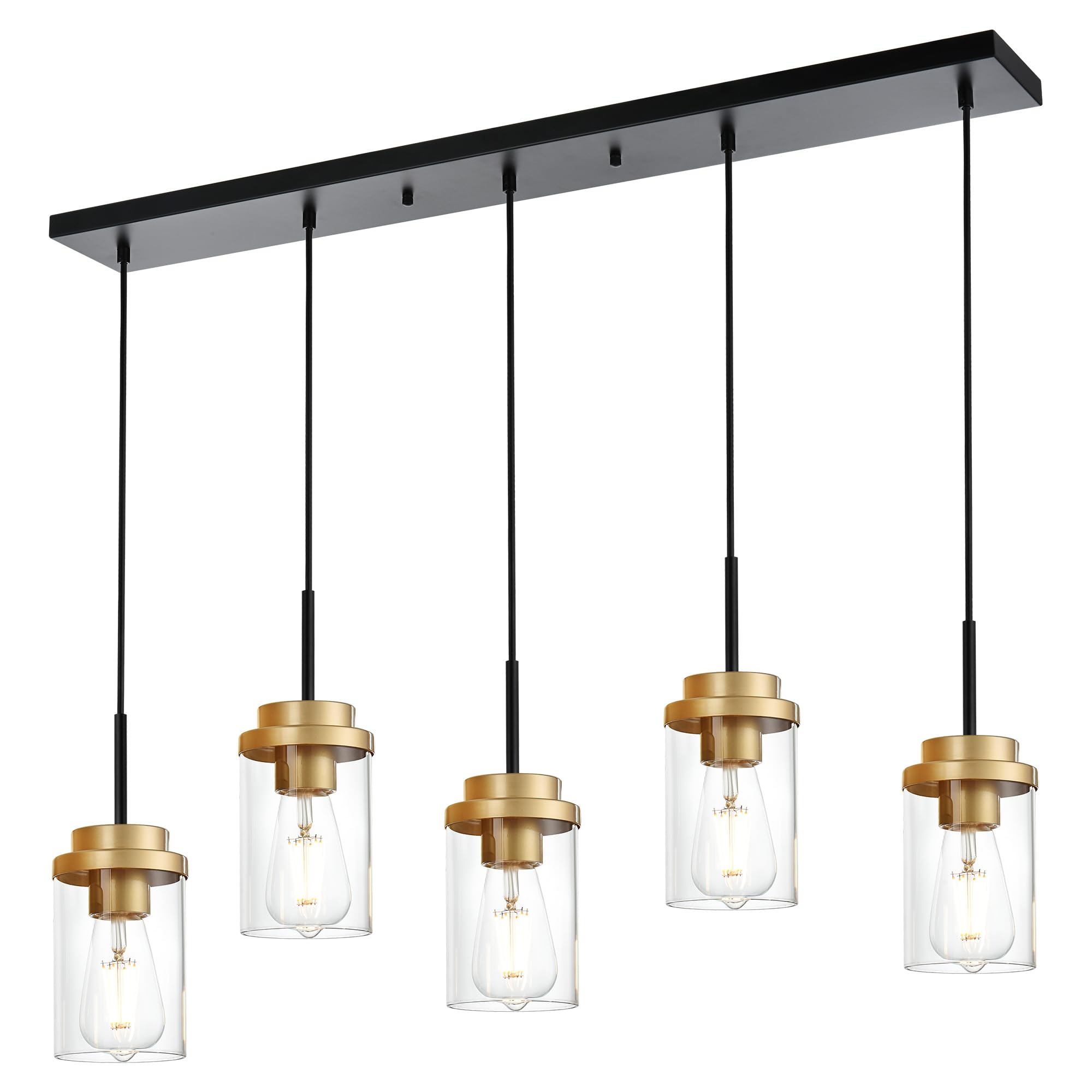 MELUCEE 5-Lights Adjustable Hanging Pendant Light Fixtures 40.1 Inches in Black, Modern Kitchen Island Lighting Linear Chandelier for Dining Room Over Table with Clear Glass Shade, Gold Socket