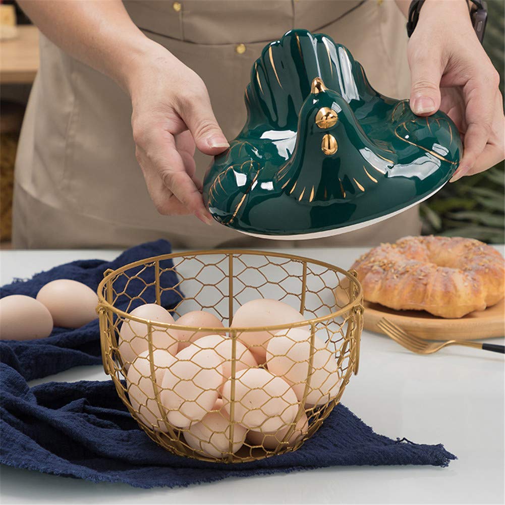 Porte-œufs Décoratif Avec Couvercle En Céramique Et Panier Métal - Pour 2 Douzaines D'œufs - Style Ferme - Décoration De Cuisine Ou Cadeau - 2