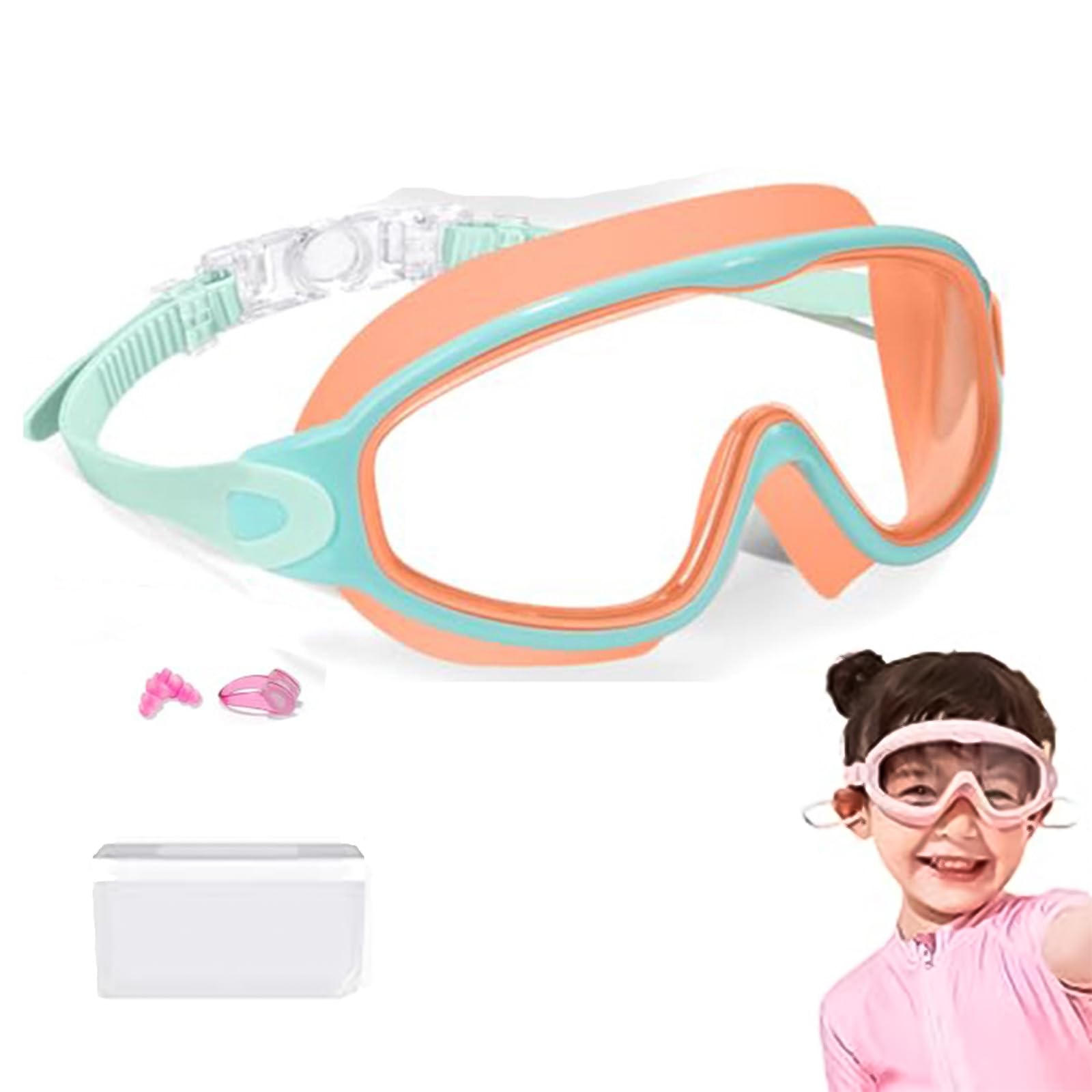 NNBWLMAEE My Cool Summer Goggles, Hd Large Frame Waterproof and Anti-Fog Swimming Goggles, with 180°Panoramic Lenses, Leak-Proof Silicone Frame, Ear Plugs Nose Clip, for Audlt Kids (A, Children)