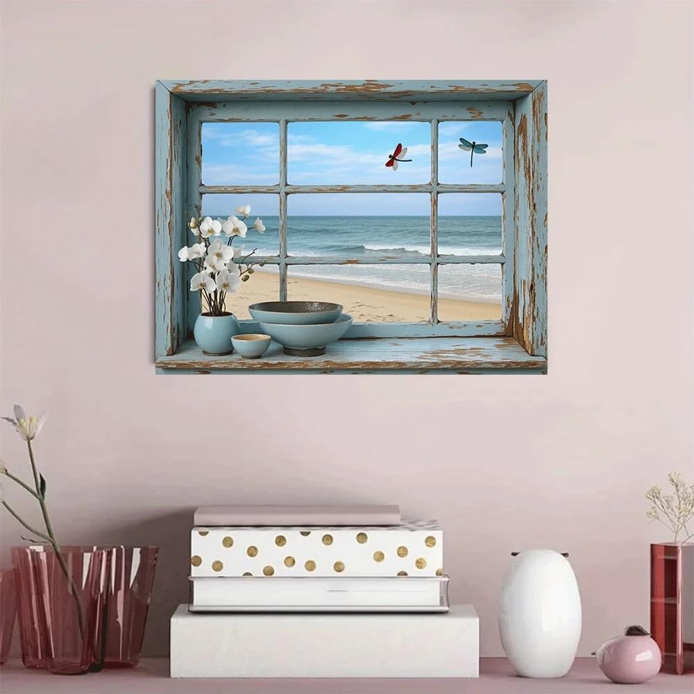 LTjiajuypd Canvas Poster Beach Window View Coastal Decor Ocean Scene Rustic Wall Art(70x110cm/Frameless)