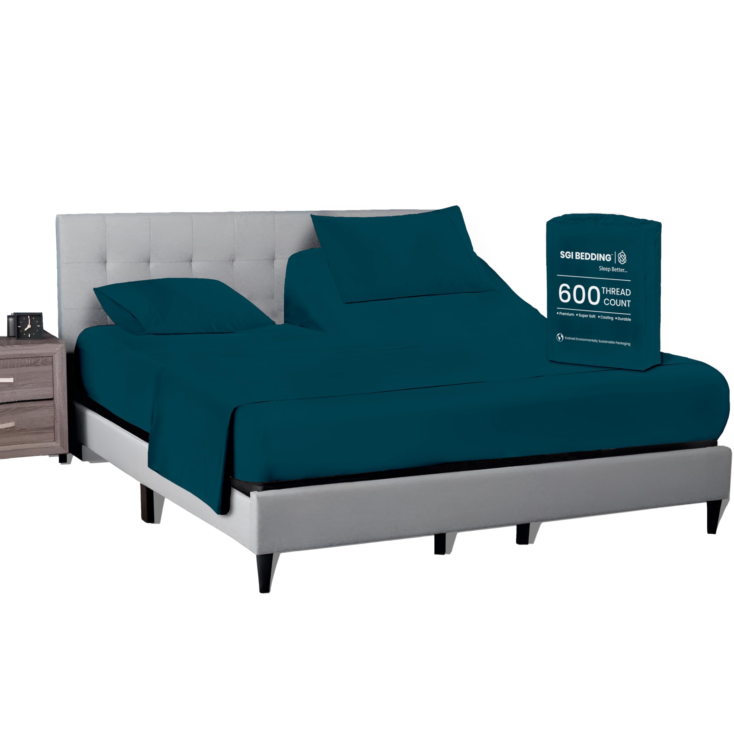 SGI bedding 32" Queen Split Top Flex Head Sheet 100% Egyptian Cotton Sheet Set - 600 Thread Count Flex Top Sheet Adjustable Bed - 4 Piece Sheet Set 15