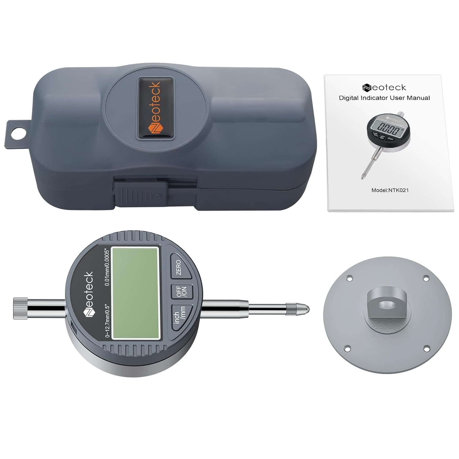 Detailed diagram of Neoteck Digital Dial Indicator with dimensions and labeled parts