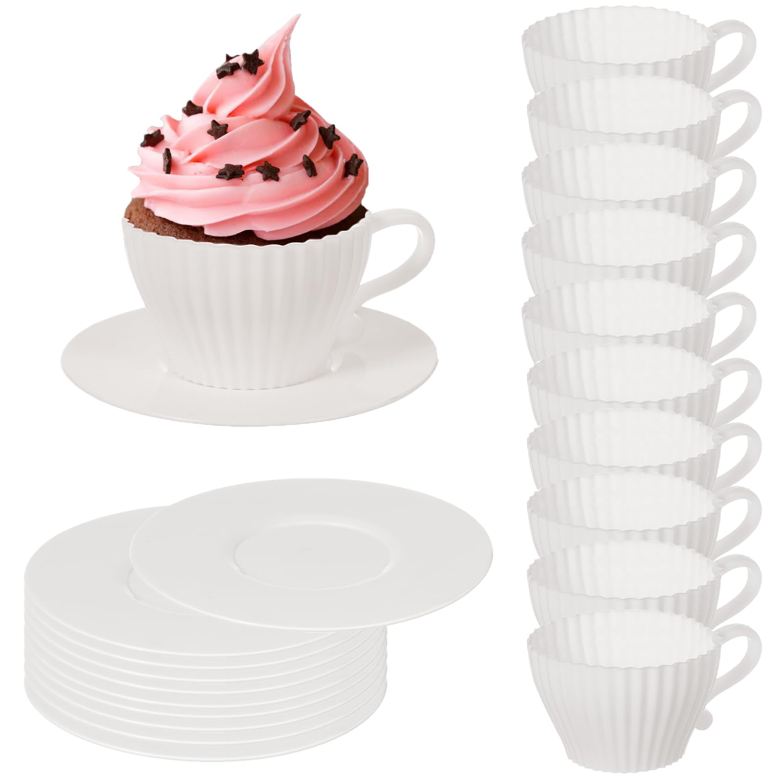 Silicone Muffin Cup, 20pcs Tea Cups Set, Reusable Silicone Cupcake Baking Cup, Oven Safe Baking Cupcake Liners for Party Christmas Birthday Afternoon Tea,10 Cups & 10 Saucers