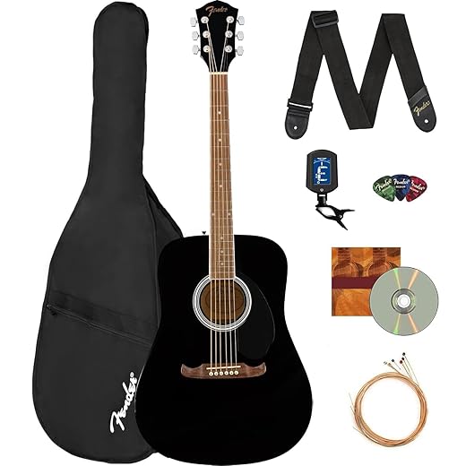 Fender FA-125 Dreadnought Acoustic Guitar - Black Bundle with Gig Bag, Tuner, Strap, Strings, Picks, and Austin Bazaar Instructional DVD