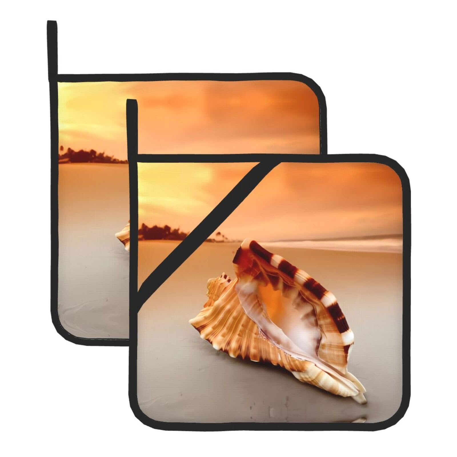 YYHWHJDE Sunset Over The Sea The Shell Conch Prints Square Hot Pads for Kitchen Counter - Waterproof Pot Holders with Hanging Loop, Durable Trivets for Microwave Oven - 2 Pack