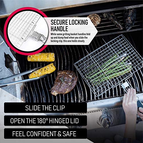 Grillman Heavy-Duty Stainless Steel Bbq Grill Basket - 180-Degree Hinged Lid & Secure Locking Handle | Grill Pan Set, Portable Grill Accessories | Barbecue, Fish, Vegetable, Hamburger Salmon #TOP4