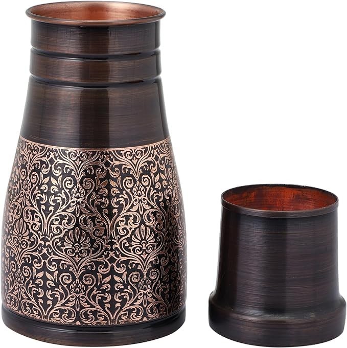 Pure Copper Bedside Carafe for Ayurveda Health Benefits - Capacity - 1 Liter (33.81 US Fluid Ounce) (Floral Pattern) - Image 2