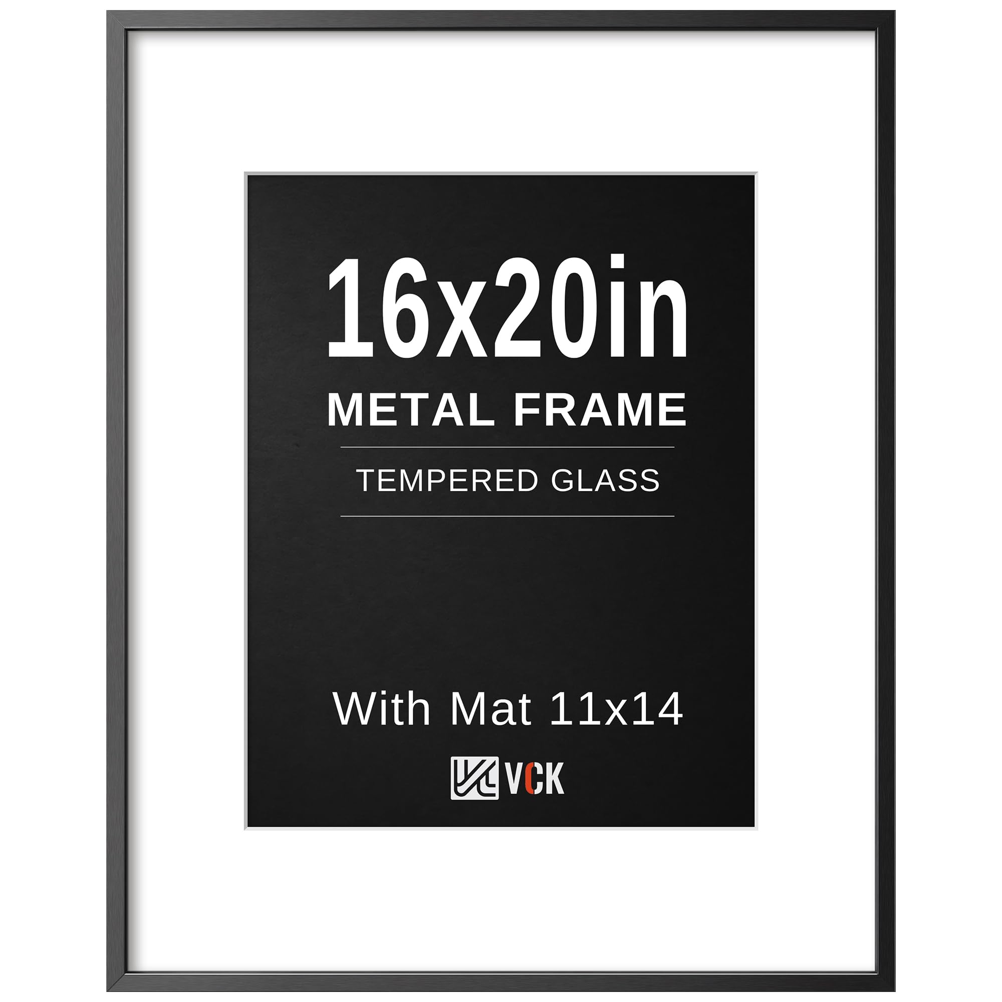 VCK 16x20 Picture Frames Black Metal, Real Glass, 11x14 Mat, for Poster