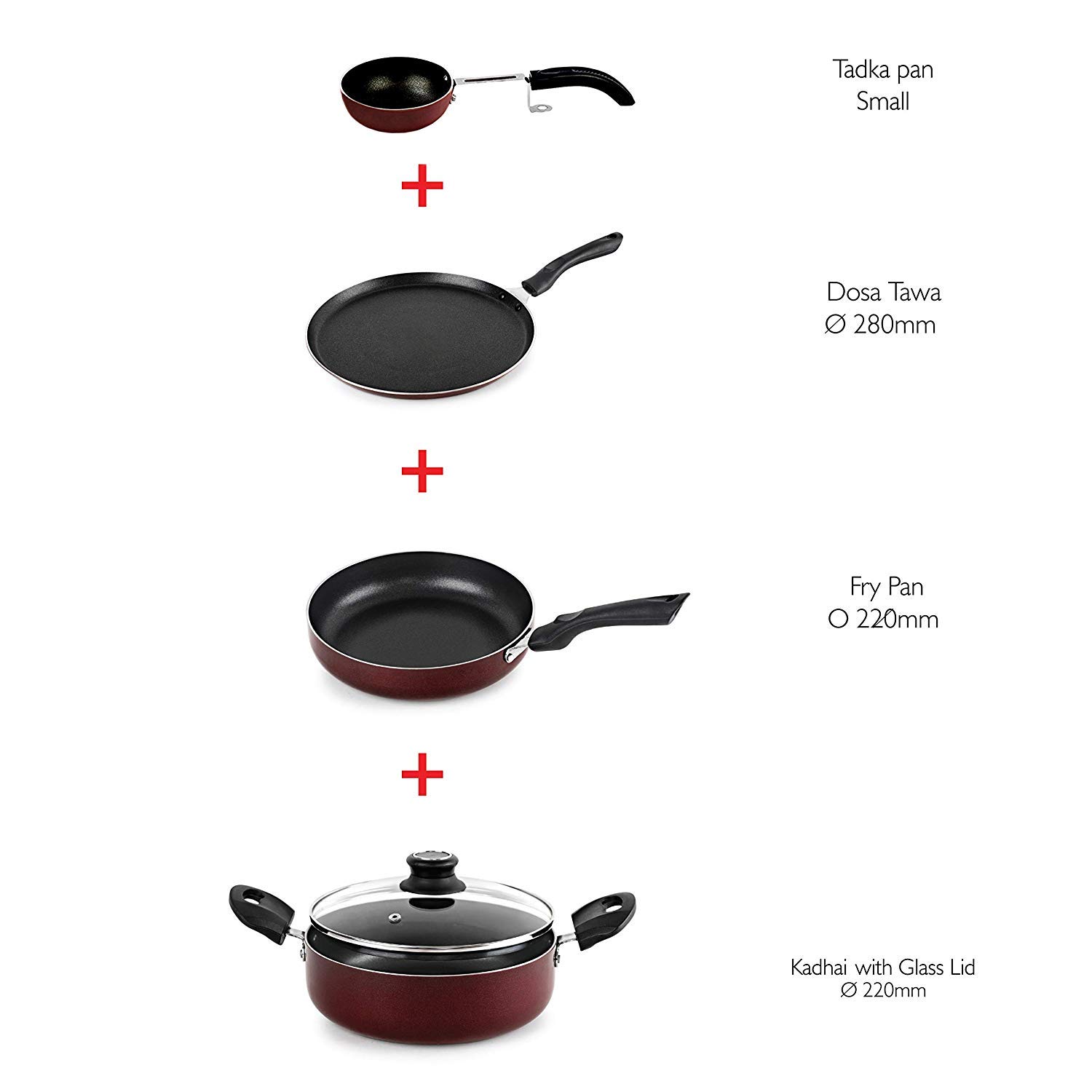 Cello Prima Non-Stick Aluminium Cookware Set of 4 Pcs for Kitchen, Cherry | Kadhai with Glass Lid 22CM, Fry Pan 22CM, Dosa Tawa 28CM & Tadka Pan, Gas Stove & Induction Base Utensils Set for Cooking 3