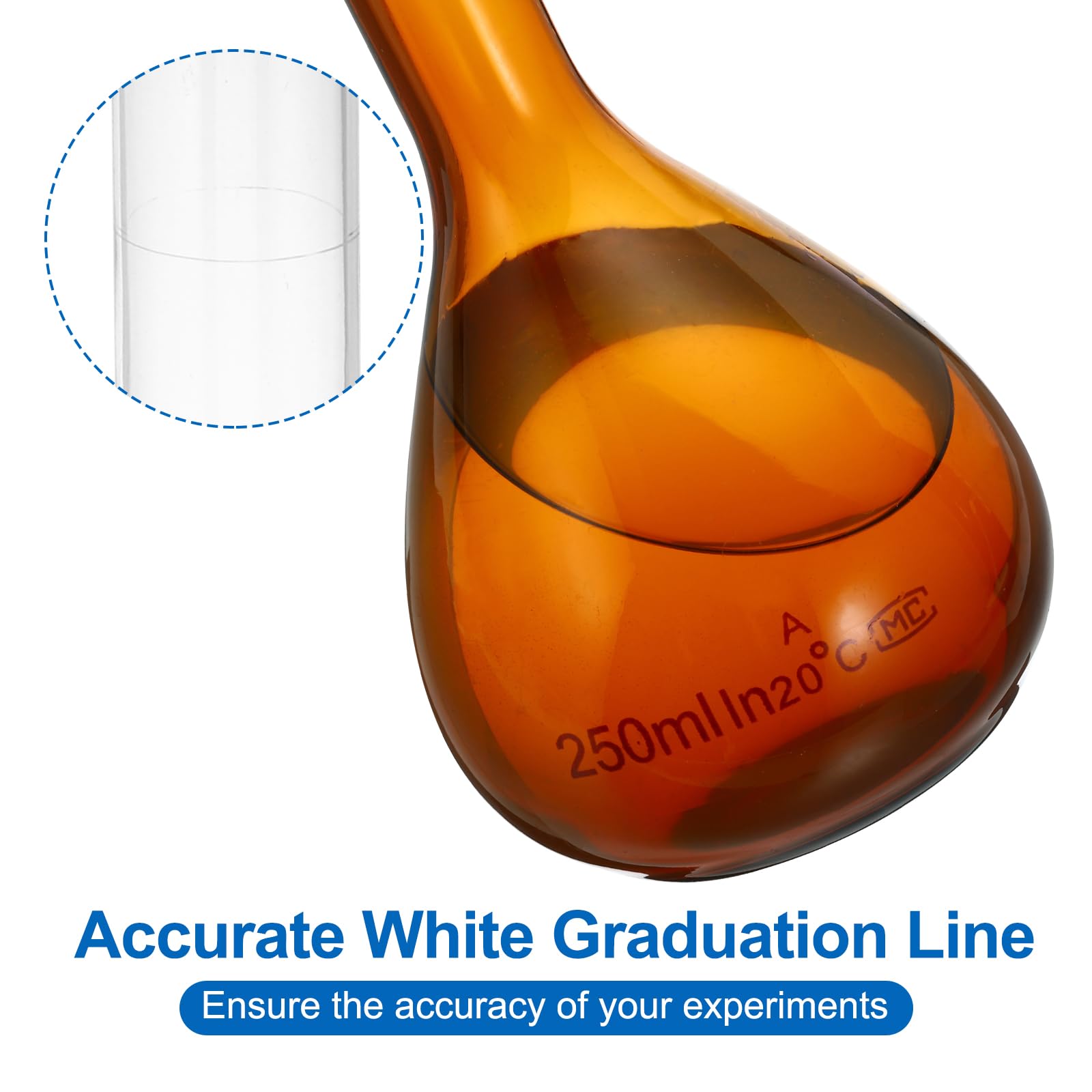 PATIKIL Matraz Volumétrico de 250 ml, 2 Unidades de Matraz Volumétrico Graduado de Vidrio de Borosilicato 3.3 con Tapón de Vidrio, Tolerancia de 0.26 ml, Ámbar
