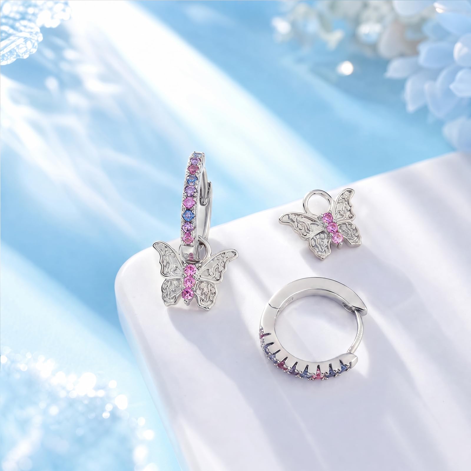 Orecchini a forma di farfalla per bambine, in argento 925, con zirconi colorati, piccoli orecchini a cerchio, regalo di compleanno per ragazze e bambine