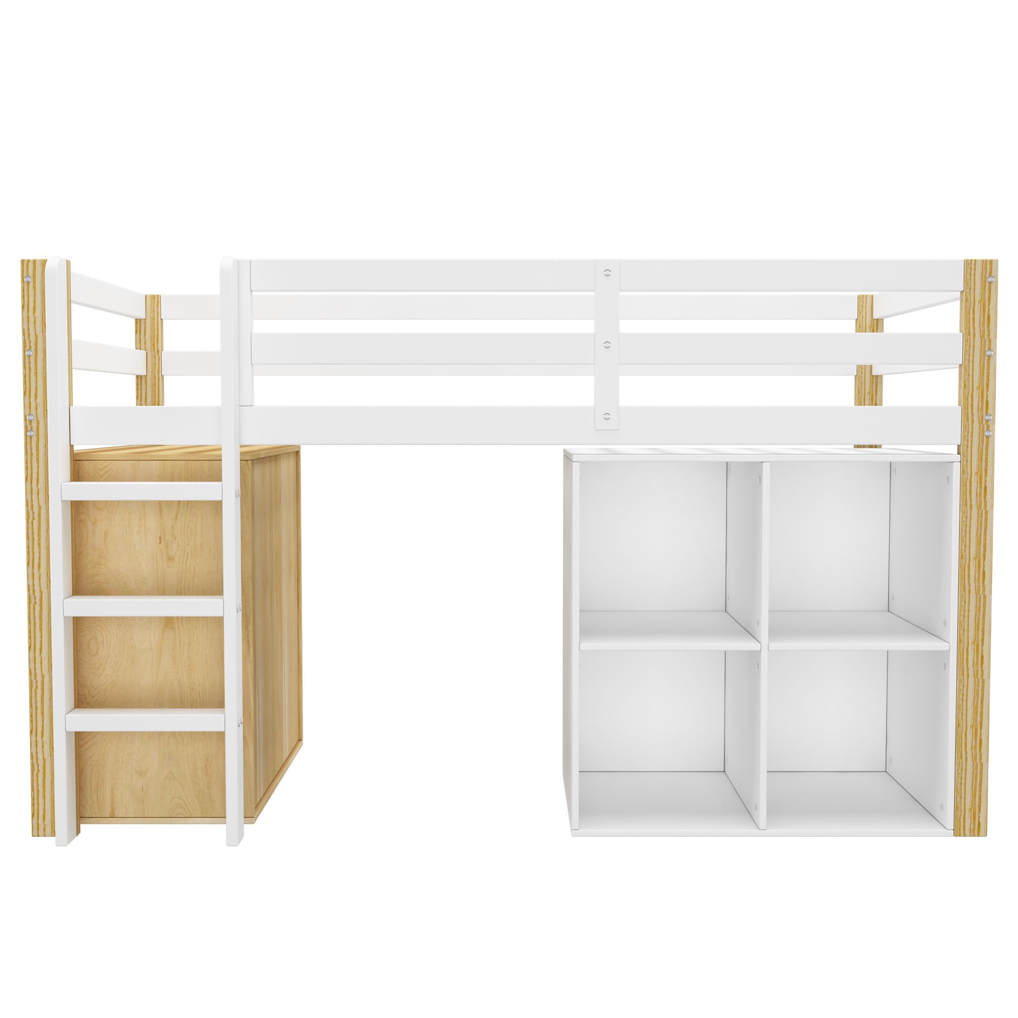 Kinderbett Hochbett 90x200, mit 2 Aufbewahrungsschrank und Leiter, Platzsparendes Kinder Etagenbett Jugendbett Holzbett Bettrahmen mit Rausfallschutz und Lattenrost, stabiles Massivholz, Natur&Weiß