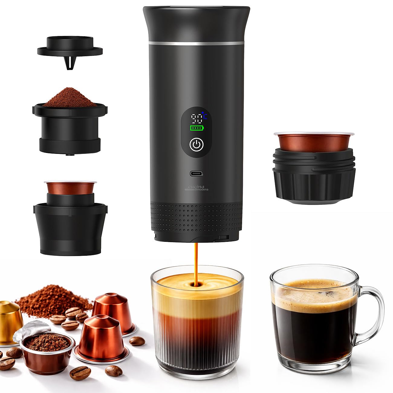 Siebträgermaschine Akku-Espressomaschine 20 bar für Pulver und Kapseln