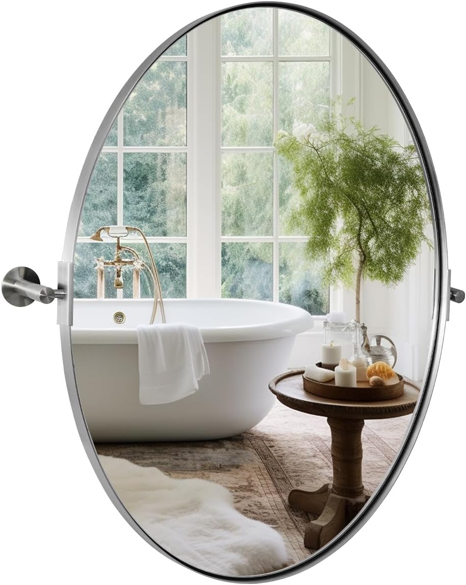 ANDY STAR Brushed Nickel Bathroom Mirror, 22 x 34 Inch Oval Pivot Mirror for Wall, Unique Farmhouse Tilt Mirror in Slim Silver Stainless Steel Metal Frame for Bedroom, Powder Room Brushed Nickel 34"L x 22"W