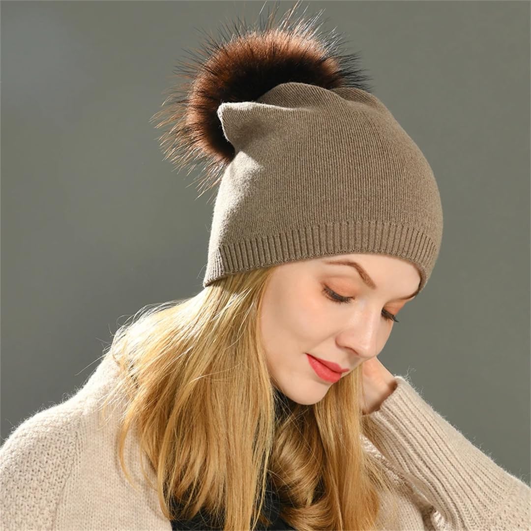 Gorros De Cachemira Para Mujer, Gorro De Punto Liso Con Pompón De Piel Grande, Gorros De Lana Cálidos Para Invierno
