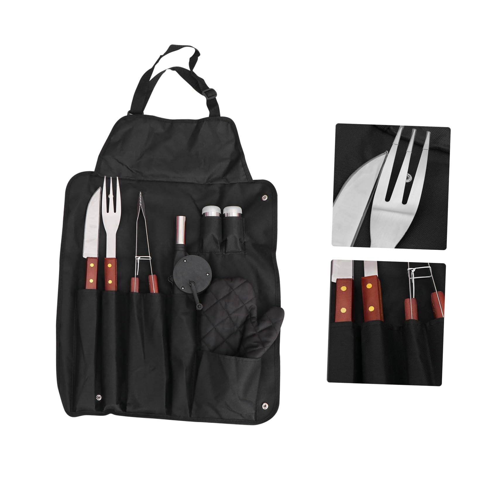 SHINEOFI Juego de Utensilios para Barbacoa 8 Piezas Mango de Madera Acero Inoxidable Delantal de Barbacoa Negro Accesorios Multifuncionales para Exterior Camping y Parrilla al Aire