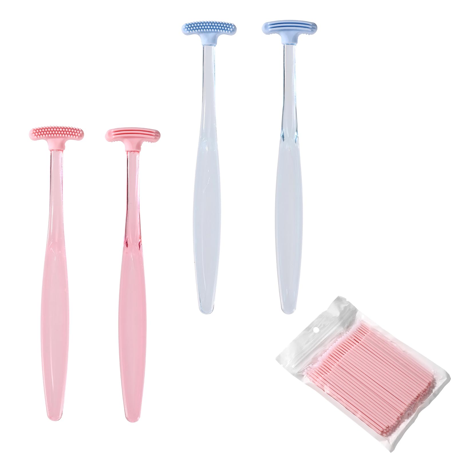 4szt Szczoteczki do Powiek, Miękkie Silikonowo-Plastikowe Szczoteczki Oczyszczania Brzegów Powiek z Patyczkami Higienicznymi do Delikatnego Oczyszczania Oleju (Różowy, Niebieski)