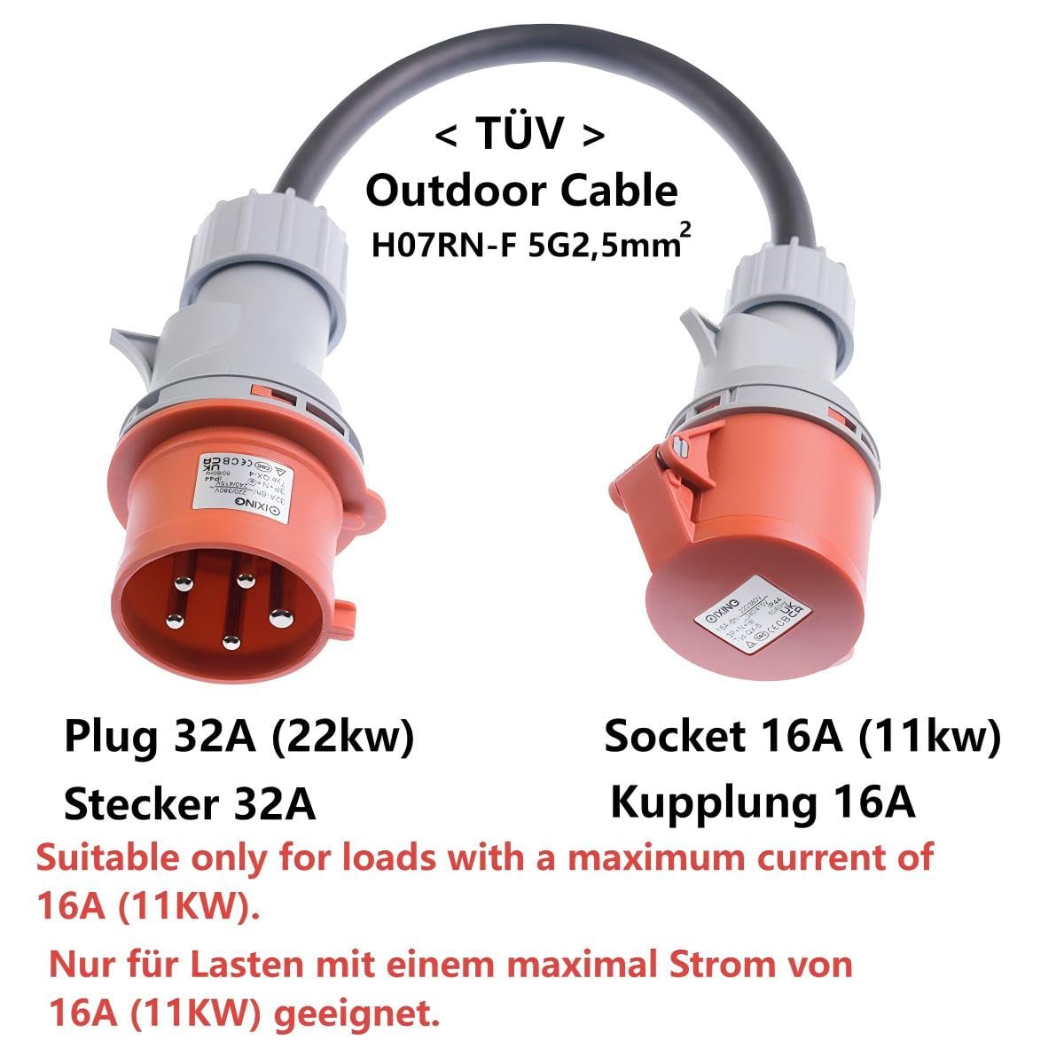 CEE Adapter 32A Stecker auf 16A Steckdose mit Schutzabdeckung, 3 Phasen, 5 polig, IP44 wasser- und staubgeschützt, tragbar, geeignet für den industriellen und privaten Gebrauch (32-16)