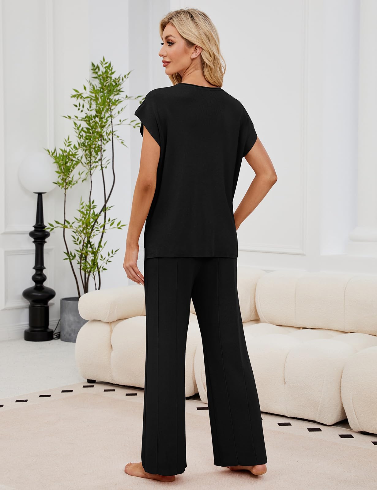 UMIPUBO Conjuntos Punto Mujer Verano 2 Piezas Casual Chandal Manga Corta Camiseta de Manga Corta Y Pantalones con Bolsillos Cómodo Pijama Moda Chándal Color Sólido Primavera — view 7