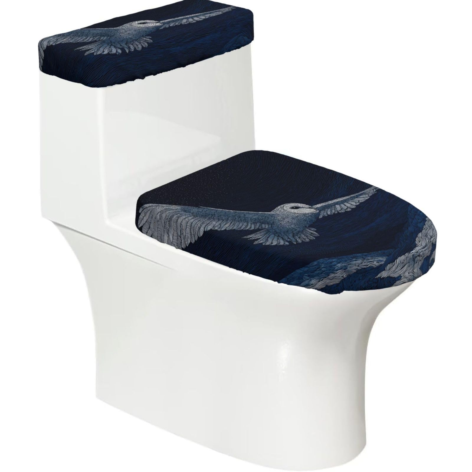 Wzycwb Black Blue Owl 2-Piece Toilet Seat Cover Set With Tank Lid, Elastic Fit For U-Shape & Elongated Toilets, Bathroom Decor, Housewarming Gift