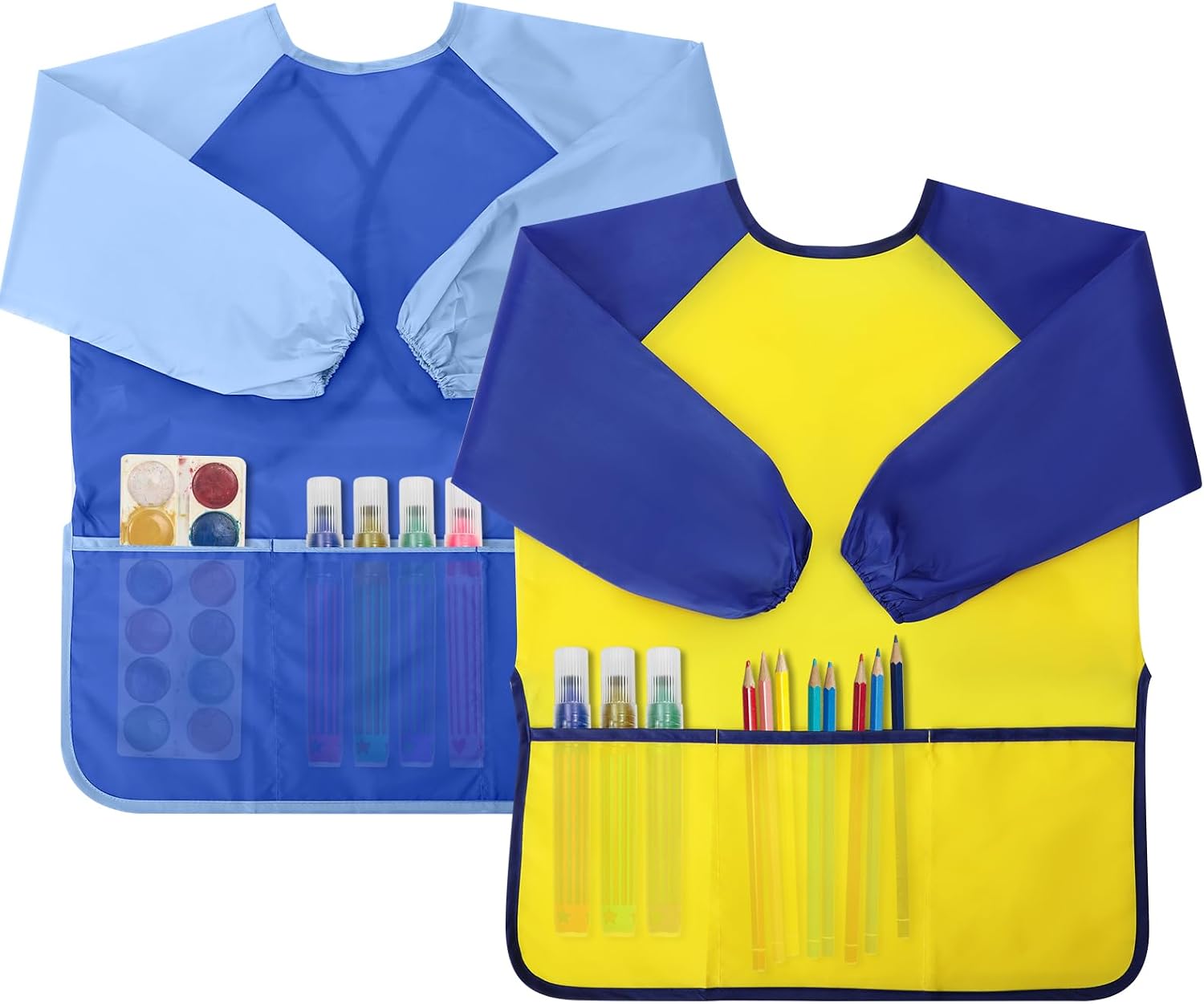 Yeunmu Kids Painting Apron 2 Pack, Waterproof Toddler Art Smock, Artist Smock for Kids Age 2-8 with Long Sleeve and 3 Pockets