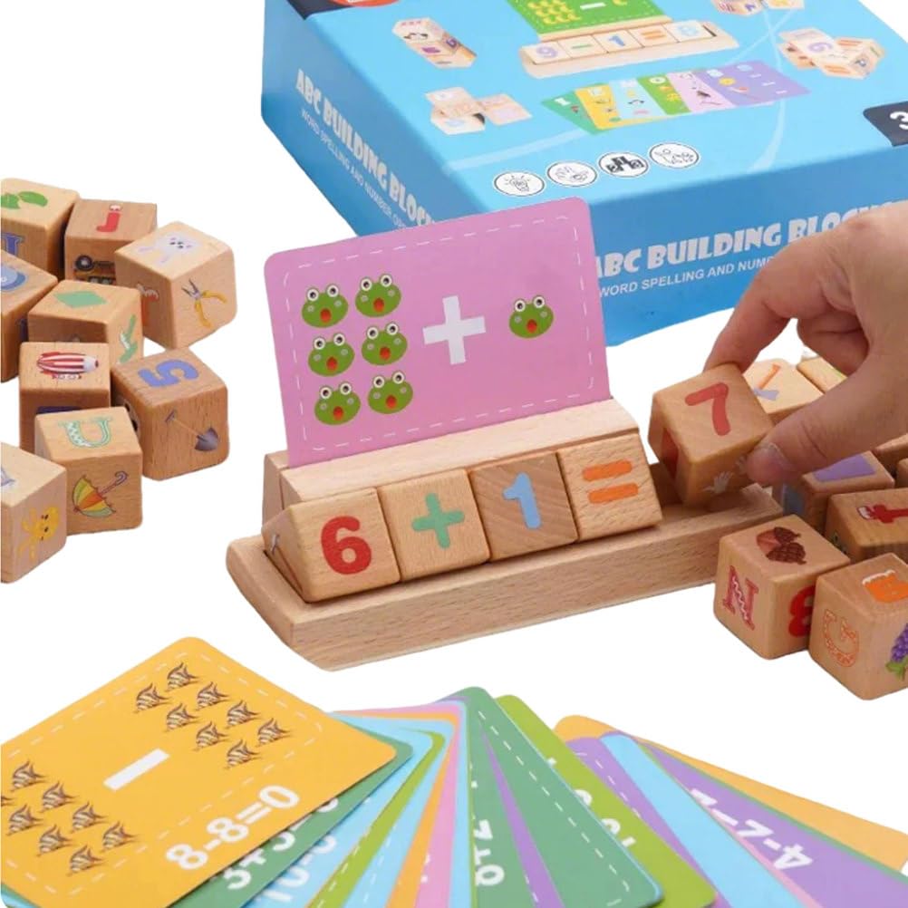 Drewniany zestaw klocków Montessori 2 w 1 literowania słów liczenia | Klocki literami cyframi kartami edukacyjnymi, zabawka wczesnego czytania arytmetyki, edukacyjna zabawka poznawcza