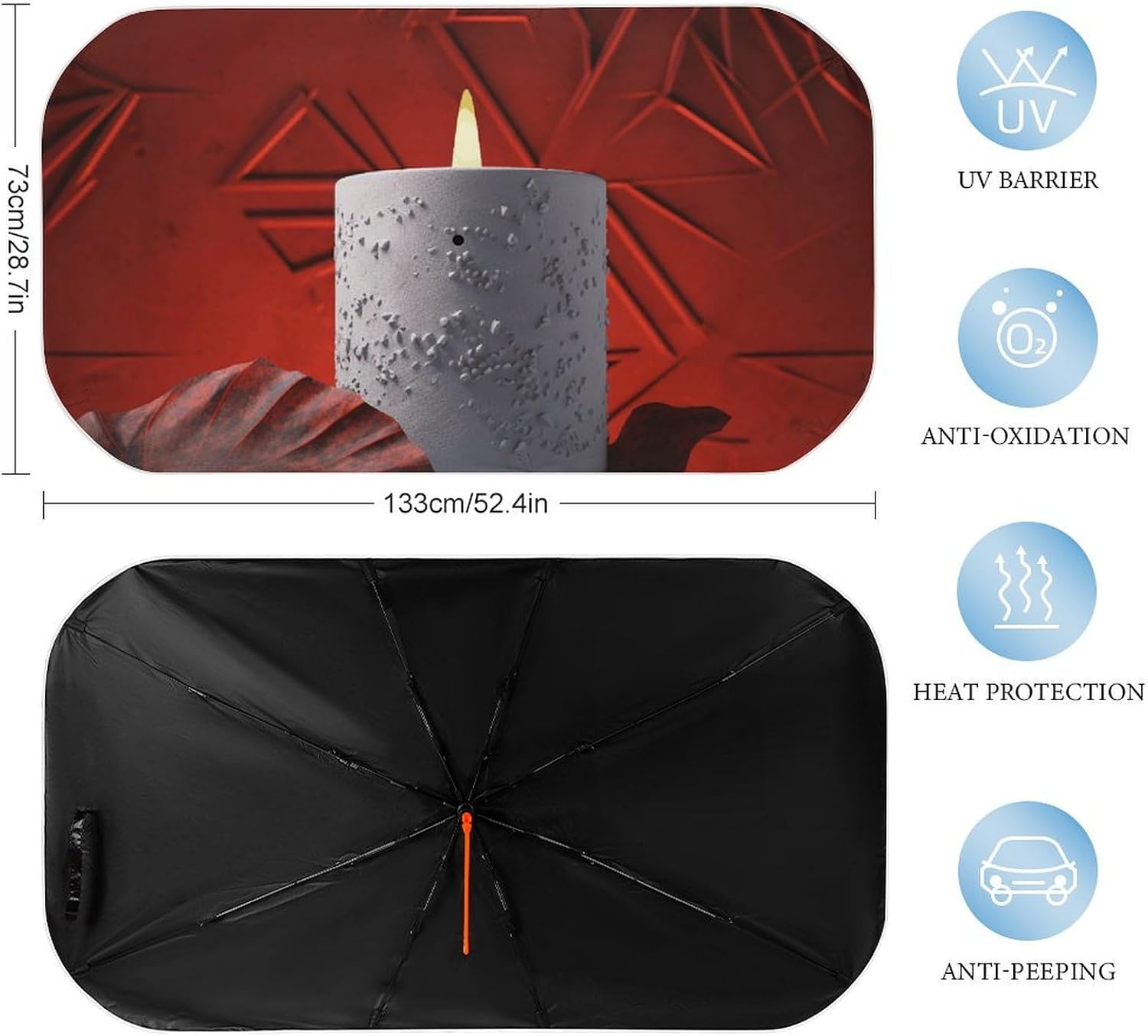 Car Windshield Sun Shade Umbrella Burning Candle Car Sunshade Front Window Cover Windshield Sun Shade for Car Front Window Heat Insulation Protection for Auto Sedan SUV, 133x73cm image 2