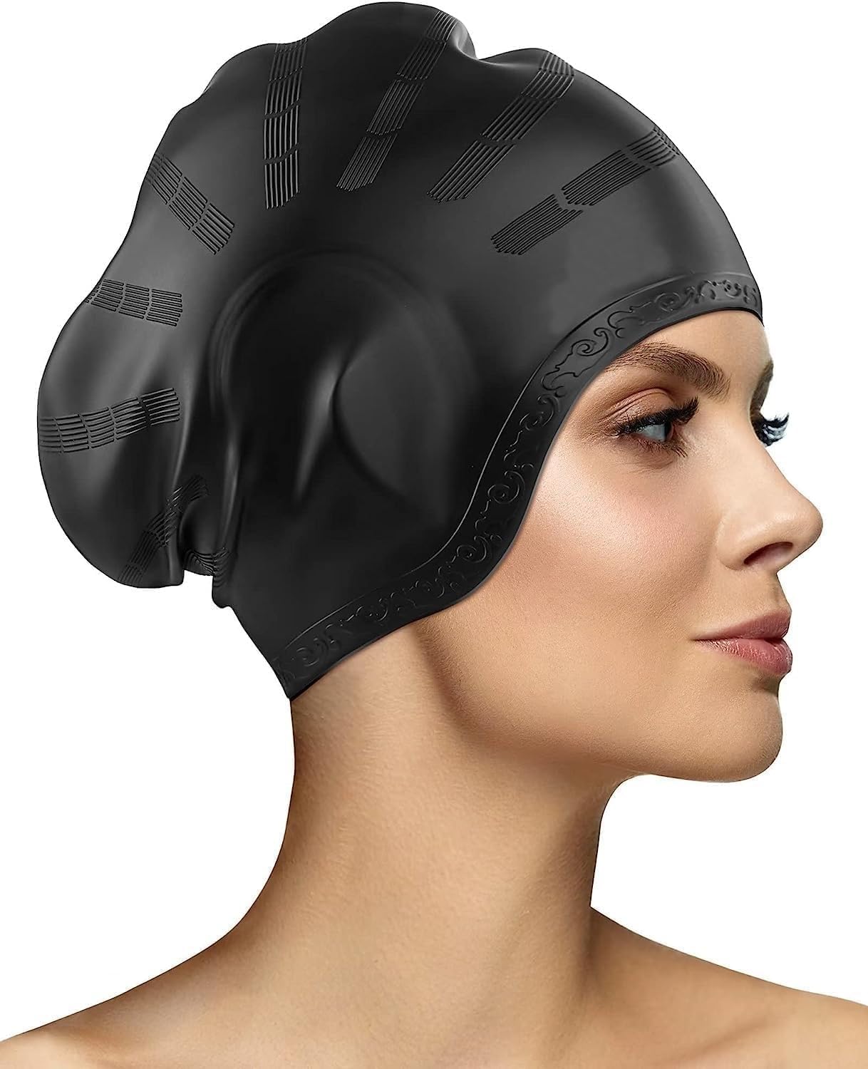 TEKCOOL Latest Designed Long Hair Swim Cap,Waterproof Silicone Swimming Cap for Adult Woman and Men,Keeps Hair Clean with Ear Protector Fresh Long Lasting Silicone Made Waterproof Swimming Cap (Black)