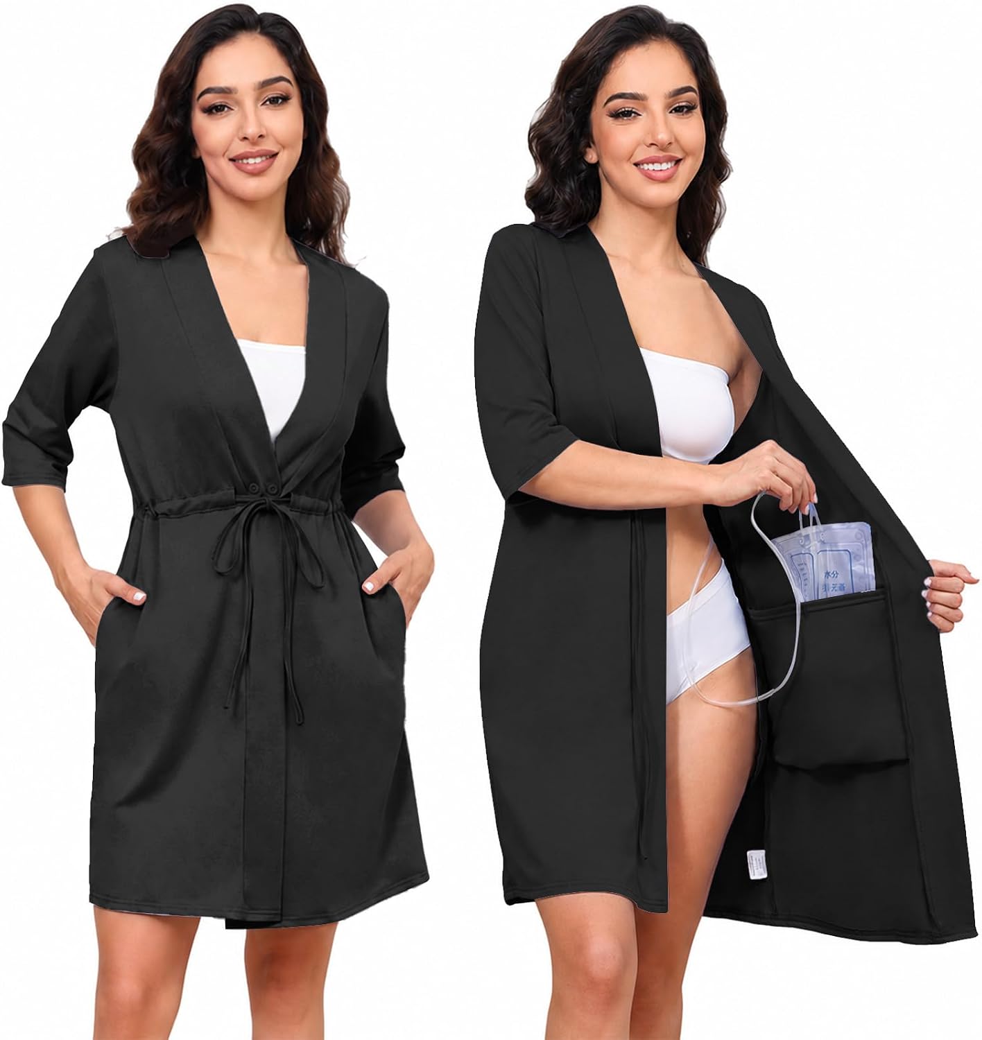 Drawstring Button Post Surgery Mastectomy Robe with 4 Drain Pockets | Breast surgery recovery nightgown for women with 3/4 sleeves, soft fabric for hospital stays, home care and drain management
