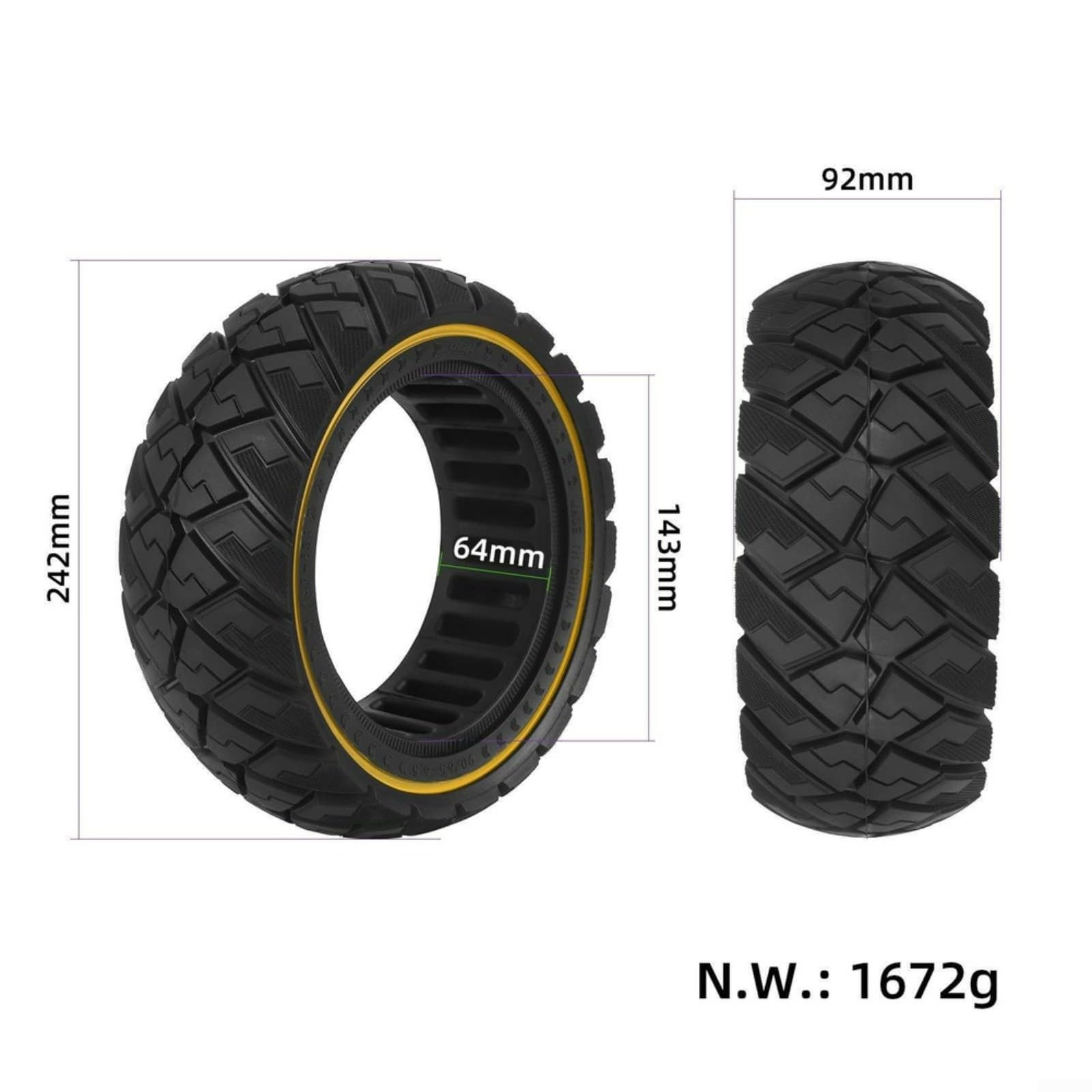 Pneumatico solido per scooter 90/65-6,5 pollici con battistrada diamantato per uso fuoristrada, a prova di foratura per struttura a nido d'ape, design antiscivolo a strisce gialle
