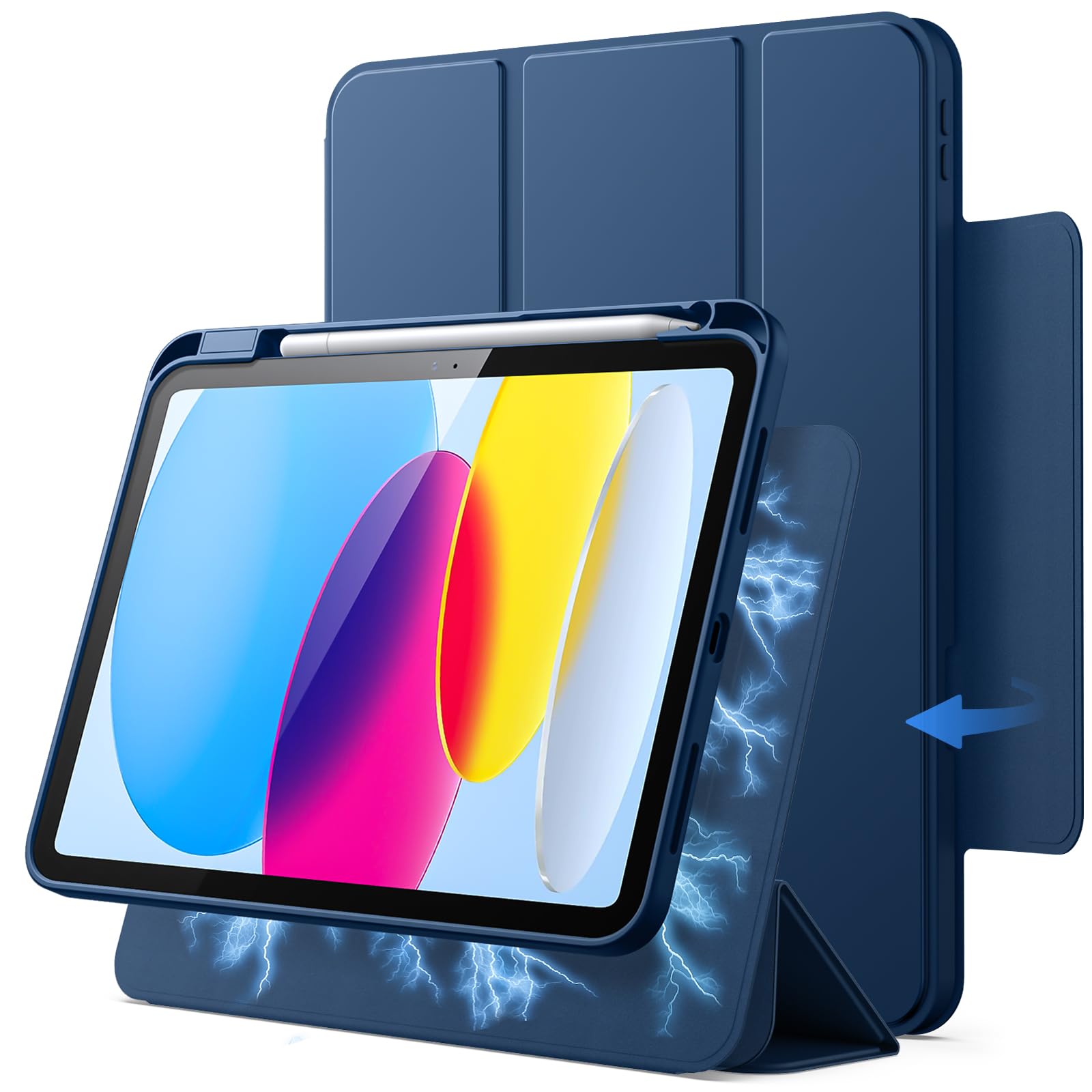 JETech Magnetic Detachable Case for iPad (A16) 11th/10th Generation (2025/2022) with Pencil Holder, Removable Rotating Clear Cover, Portrait/Landscape Stand with Raised Screen View (Navy)