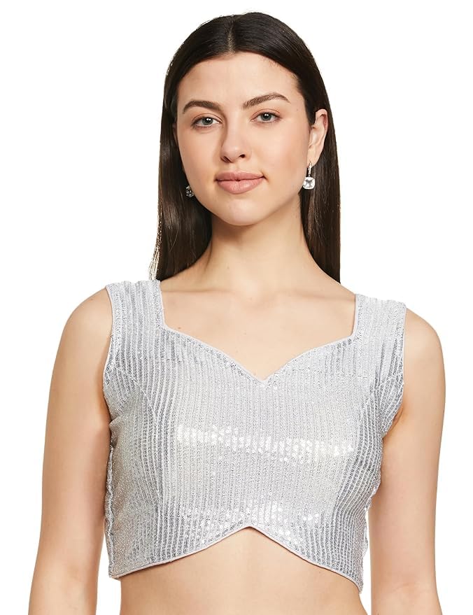 Pujia Mills Women's Multicolor Sweetheart Neck Georgette Line Soft Embroidery Sequence Zari Work Sleeves Readymade Saree Blouse (36, Silver)