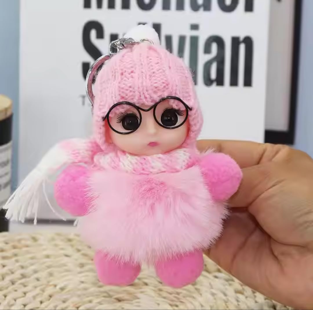 Cute Big Eyes Baby Doll Keychain with Glasses & Scarf, Fluffy Fur