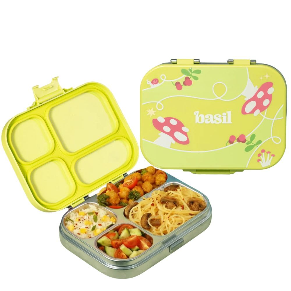 Basil Bento Box Quad - 4 Compartment Stainless Steel Lunch Box with BPA-Free Plastic Lid | 800 ml Leak-Proof Tiffin Box for Kids & Adults | Premium School, Office, Lunch Box - Mushroom Trail