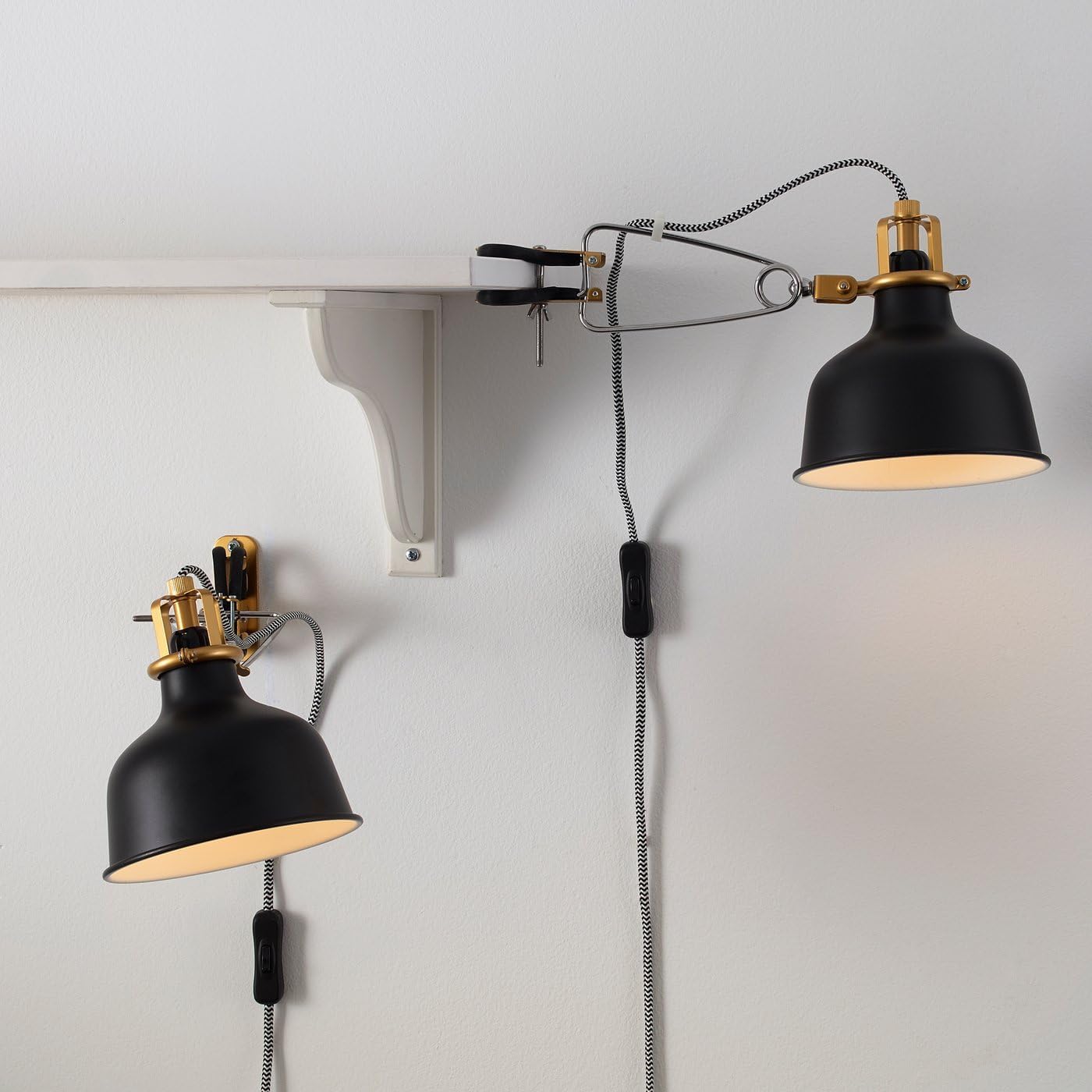 Wall Mount Clamp Spotlight, Black or Ivory, Steel Construction, 6 Inch Shade, Adjustable Head, Vintage Style, 138 Inch Cord (Black)