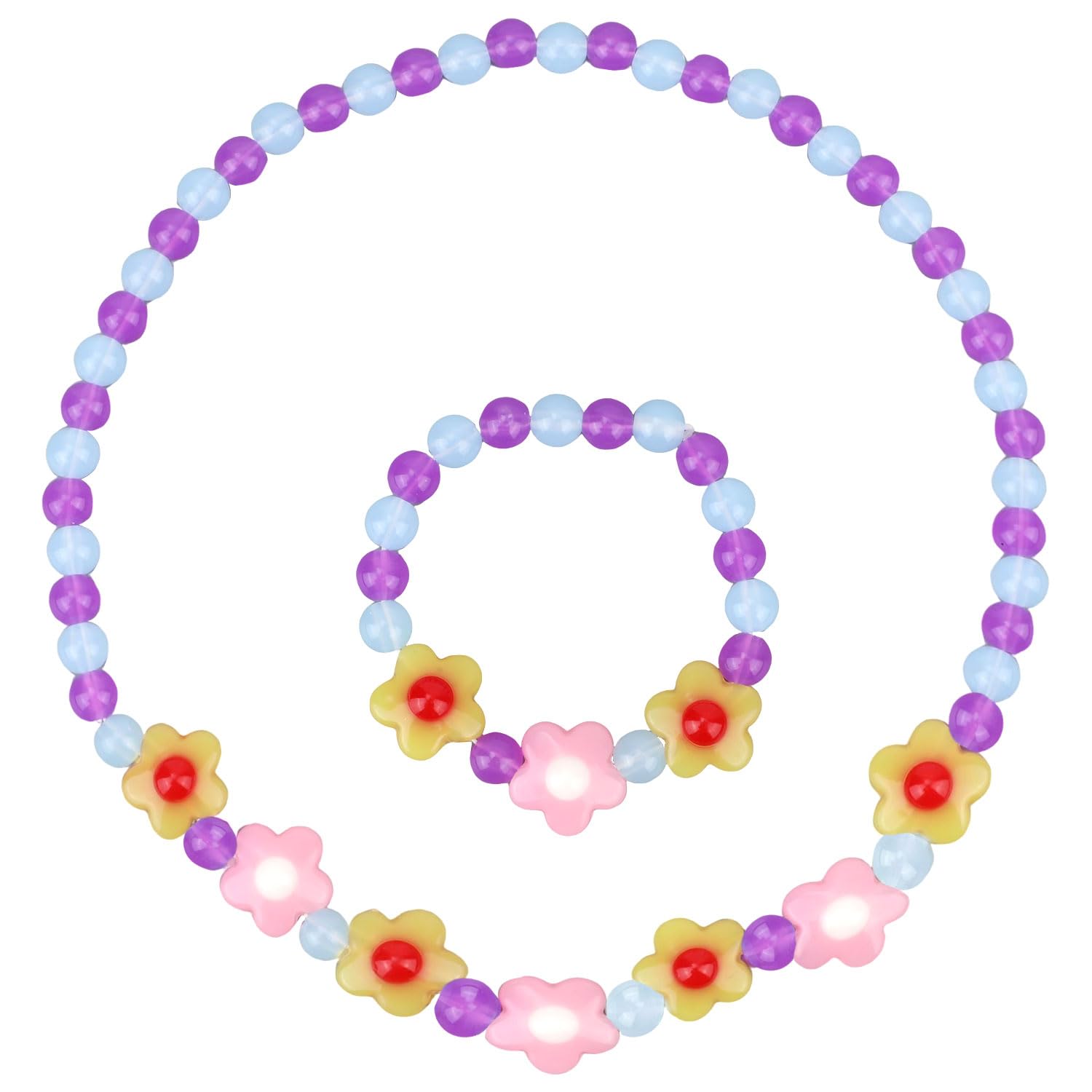 Mikovivi Flower Beaded Jewelry Set, Cute Toddler Girl Jewelry Colored Necklace and Bracelet for Girls Child Kid Party Favors