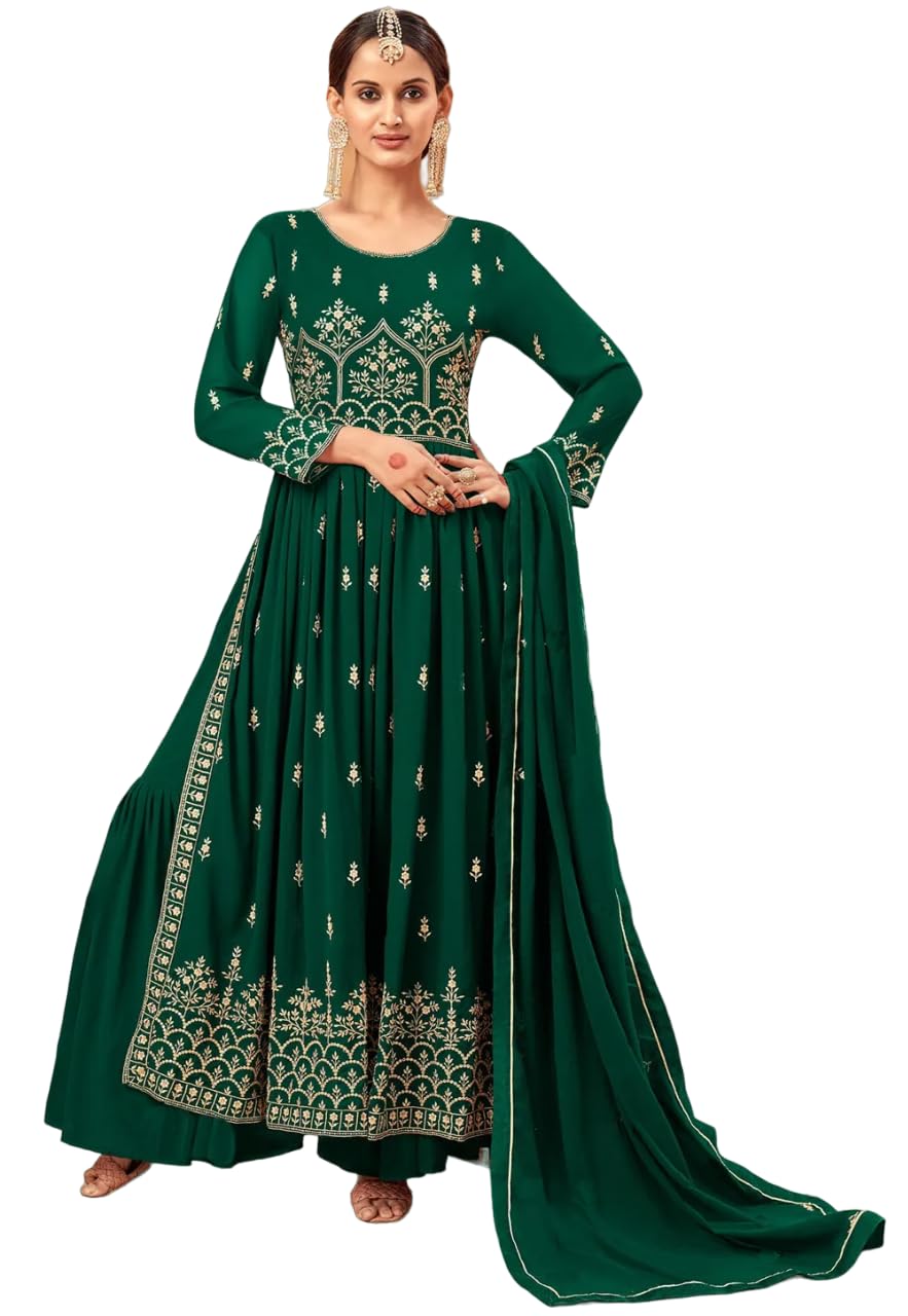 Xomantic Fashion Women's Resham Work Green Color Nyra Cut Kurta Sharara Set With Dupatta