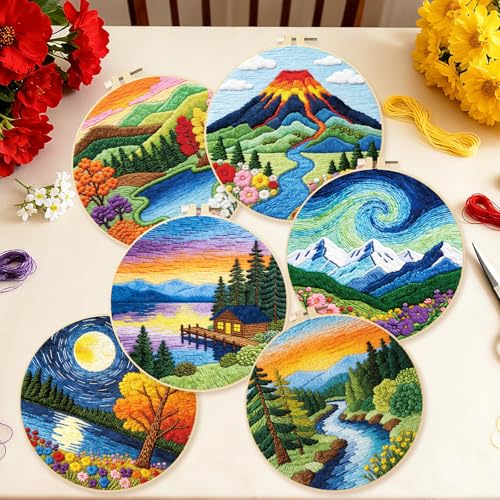 Image of BEUNITONE 6 Pack Hand Embroidery Starter Kit for Adults with Pre-Print Scenery Pattern, Needlepoint Kits with Embroidery Hoop and Instructions, DIY Funny Craft Kits for Gifts and Home Decor