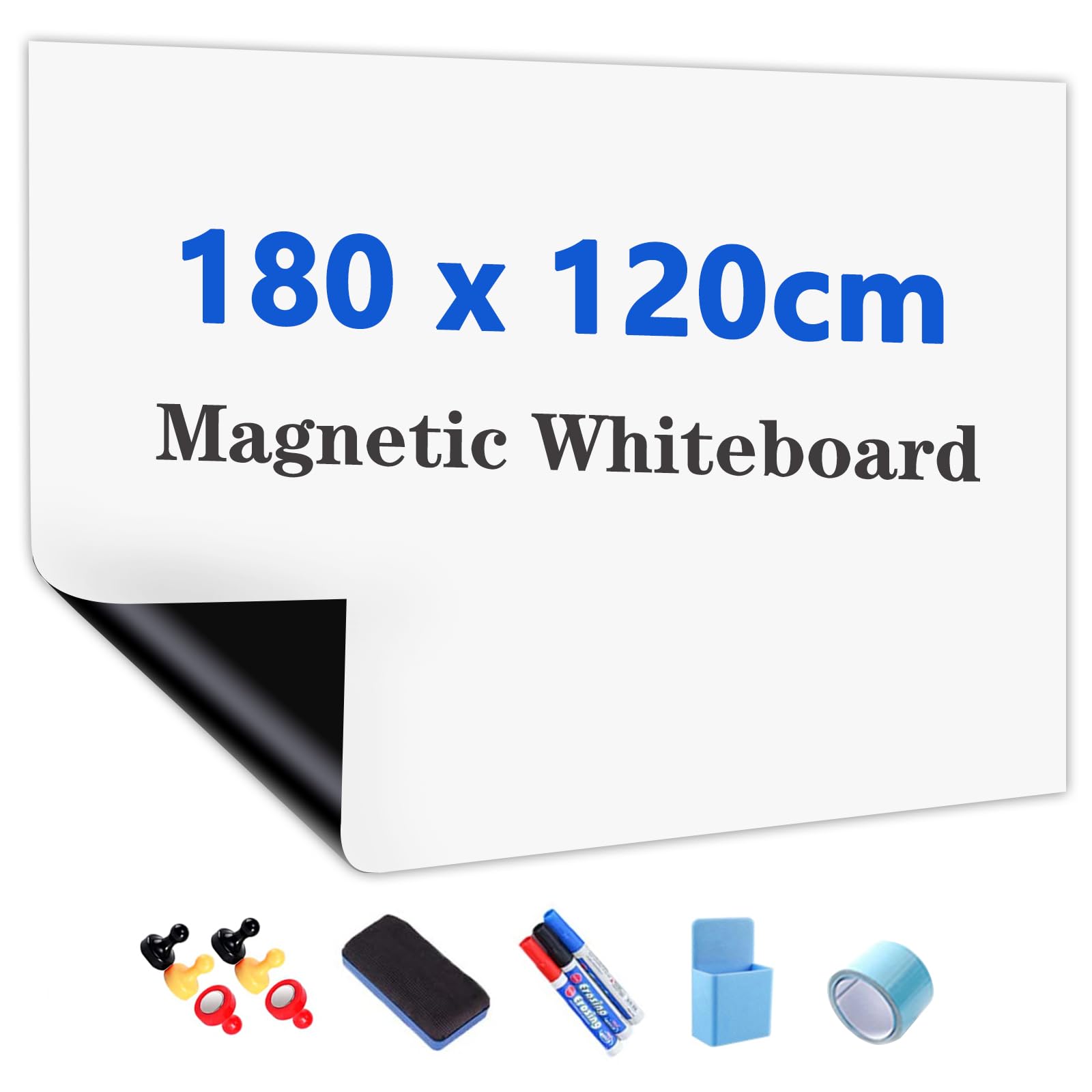 JOMUSAGA Magnetic Whiteboard Paper, 180 x 120 cm, Self-Adhesive Dry Erase Sheets, Whiteboard Film for Wall, Includes Dry Wipe Pens, Eraser & Magnets β Ideal for School, Home & Office
