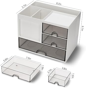 RISEMART Desk Organiser with 3 Drawers, Desk Tidy Organiser with Pen Holder, Large Capacity Desktop Organizer Stationery Storage Box for School Office Home Makeup Desk Supplies (White)